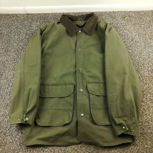 Woolrich Jacket Loden Canvas Wool Lined Snap Button Leather Collar Mens Large
